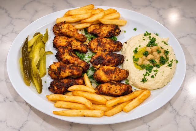Grilled chicken kabob skewers with fries and salad at KabobG
