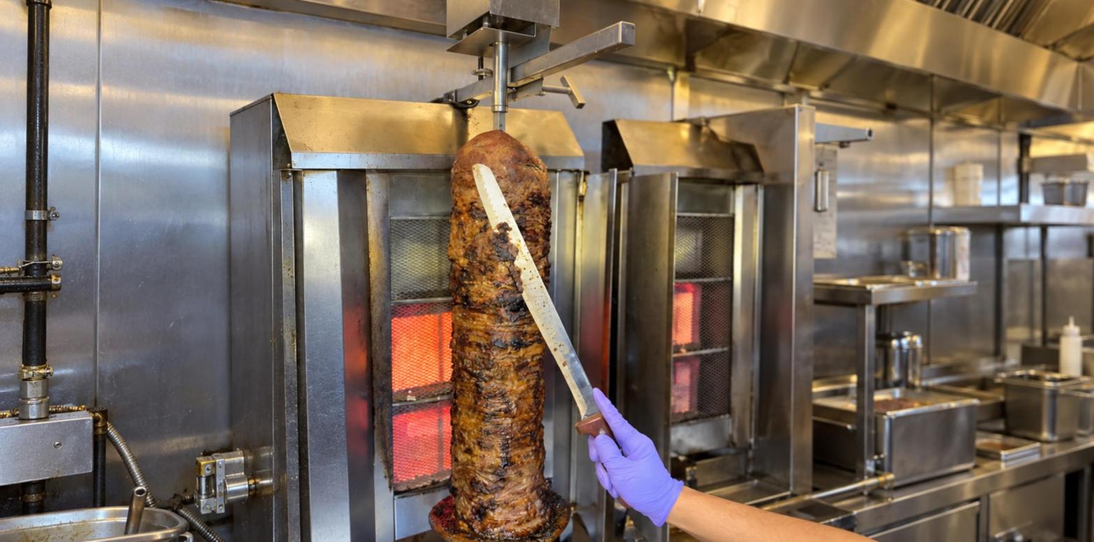 Fresh shawarma roasting on the vertical spit in KabobG’s kitchen